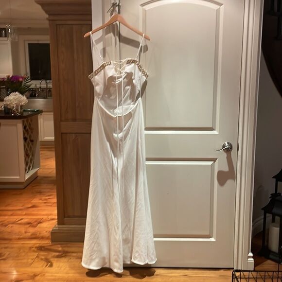 🎀Xscape Amabella lace up long strapless scuba crepe dress 16 - Picture 7 of 12